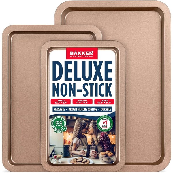 Bakken- Swiss BAKKEN 3-Piece Nonstick Cookie Pan Set, Stackable, Carbon Steel, Oven Safe, 450 DegF, Brown - BAKBK3PCBRW