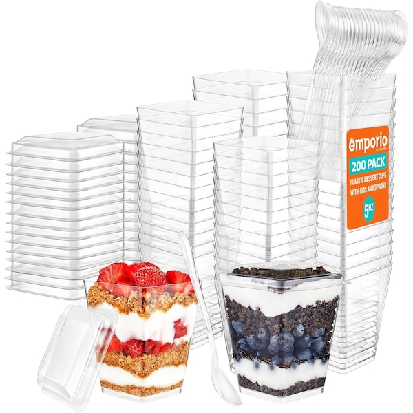 Emporio Kitchen 5oz Plastic Dessert Cups with Lids and Spoons, Clear, BPA-Free, Reusable, 200PK - EMPKDC200