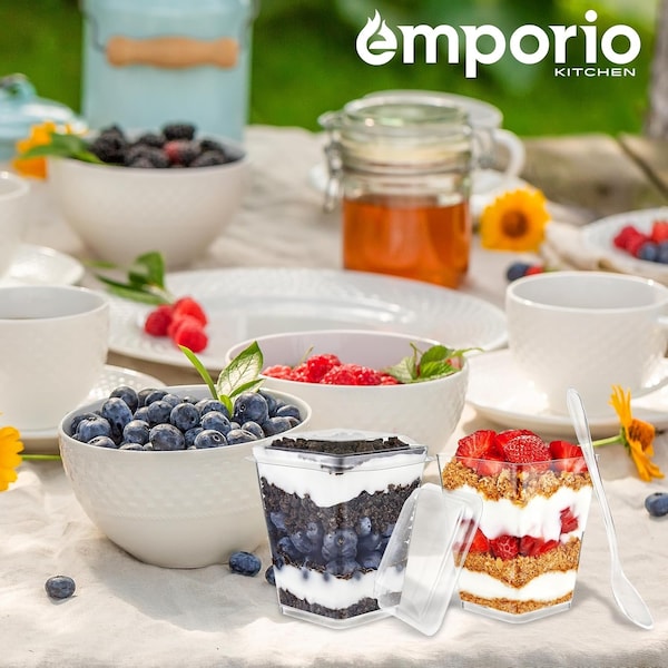 Emporio Kitchen 5oz Plastic Dessert Cups with Lids and Spoons, Clear, BPA-Free, Reusable, 200PK - EMPKDC200