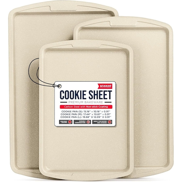 Bakken-Swiss BAKKENMASTER 3-Piece Cookie Sheet Set, Non-Stick, Stackable, White Marble Ceramic, Dishwasher Safe - BKWAV3PWH