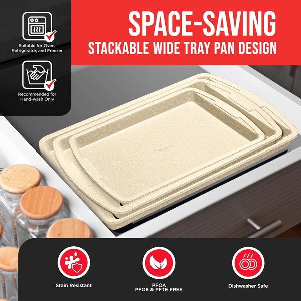 Bakken-Swiss BAKKENMASTER 3-Piece Cookie Sheet Set, Non-Stick, Stackable, White Marble Ceramic, Dishwasher Safe - BKWAV3PWH
