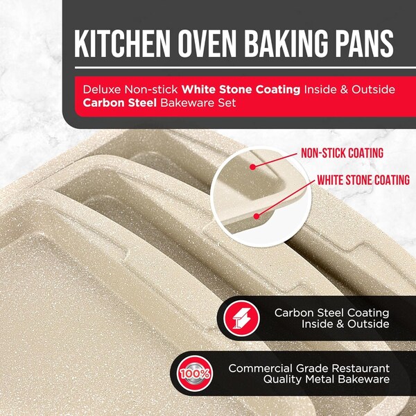 Bakken-Swiss BAKKENMASTER 3-Piece Cookie Sheet Set, Non-Stick, Stackable, White Marble Ceramic, Dishwasher Safe - BKWAV3PWH