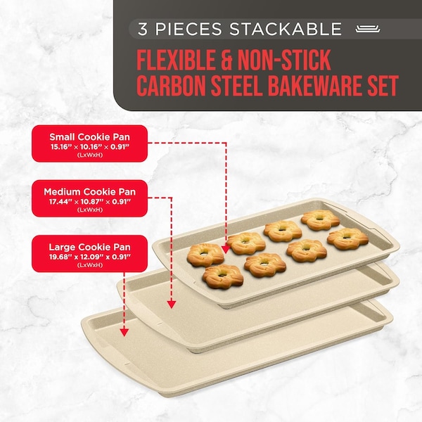 Bakken-Swiss BAKKENMASTER 3-Piece Cookie Sheet Set, Non-Stick, Stackable, White Marble Ceramic, Dishwasher Safe - BKWAV3PWH