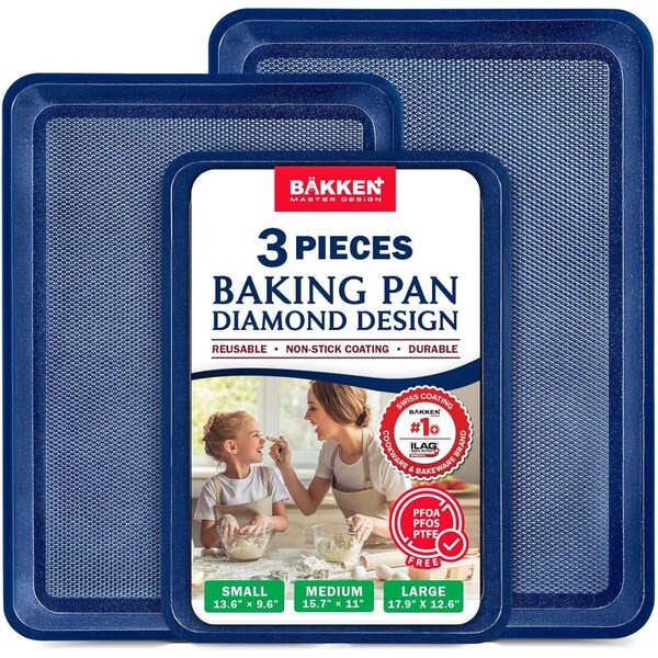 Bakken- Swiss BAKKEN Kitchen Nonstick Cookie Sheets, Set of 3, S/M/L, PFOA-Free, Oven Safe, 450 DegF, Blue - BKDD3P66