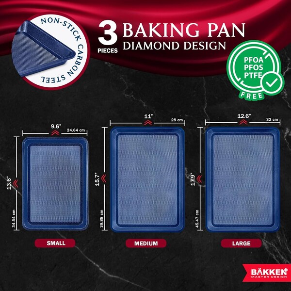 Bakken- Swiss BAKKEN Kitchen Nonstick Cookie Sheets, Set of 3, S/M/L, PFOA-Free, Oven Safe, 450 DegF, Blue - BKDD3P66