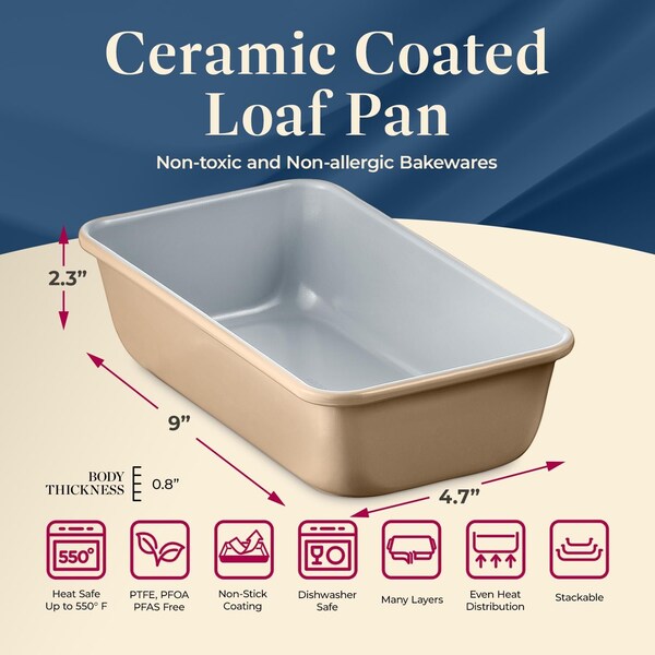Bakken-Swiss Premium Loaf Pan, Aluminized Steel, Ceramic Non-Stick, PFOA PFAS Free, 9x4.7x2.3in, Durable - SBKCRSTBKGLDLOF