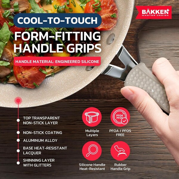 Bakken- Swiss Kitchen Cookware Set, Nonstick Coating, Pots and Pans Set with Handle Grips and Tempered Glass Lids - BKCWWHT2323