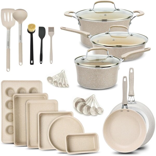 Bakken- Swiss Kitchen Cookware Set, Nonstick Coating, Pots and Pans Set with Handle Grips and Tempered Glass Lids - BKCWWHT2323