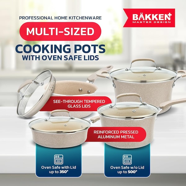 Bakken- Swiss Kitchen Cookware Set, Nonstick Coating, Pots and Pans Set with Handle Grips and Tempered Glass Lids - BKCWWHT2323