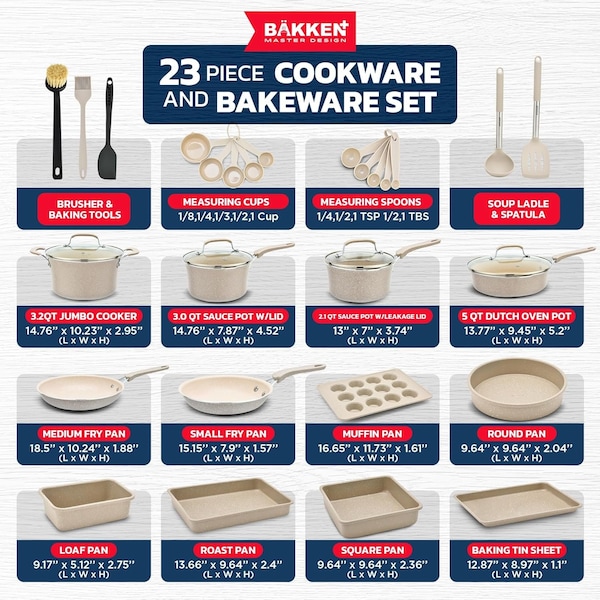 Bakken- Swiss Kitchen Cookware Set, Nonstick Coating, Pots and Pans Set with Handle Grips and Tempered Glass Lids - BKCWWHT2323