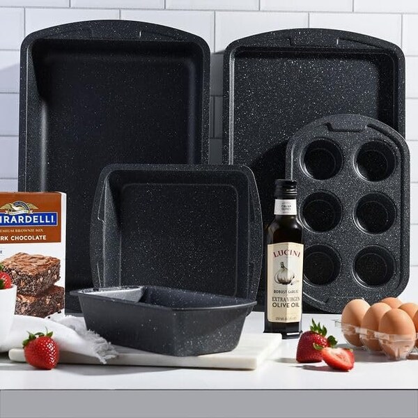 Bakken-Swiss 6-Piece Bakeware Set, Stackable Non-Stick Carbon Steel, Gray Stone Coating for Home - BAKDIEMAR