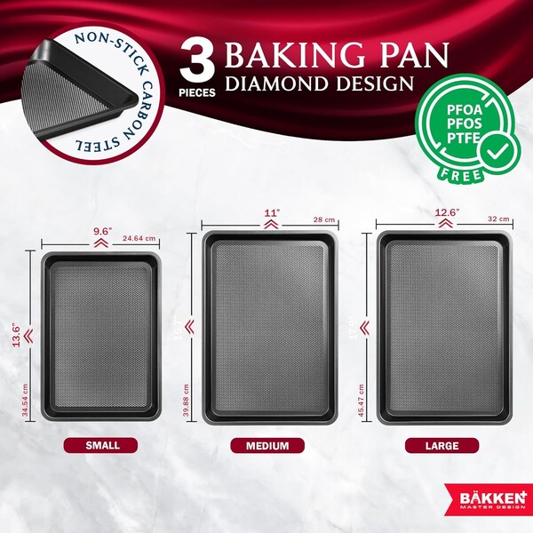Bakken- Swiss BAKKEN Kitchen Nonstick Cookie Pans, Set of 3, S/M/L, PFOA-Free, Oven Safe, 450 DegF, Gray - BKDD3P33