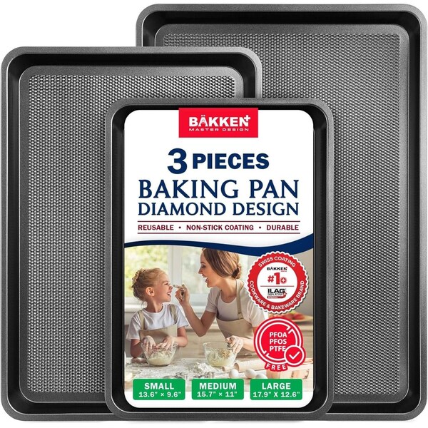 Bakken- Swiss BAKKEN Kitchen Nonstick Cookie Pans, Set of 3, S/M/L, PFOA-Free, Oven Safe, 450 DegF, Gray - BKDD3P33