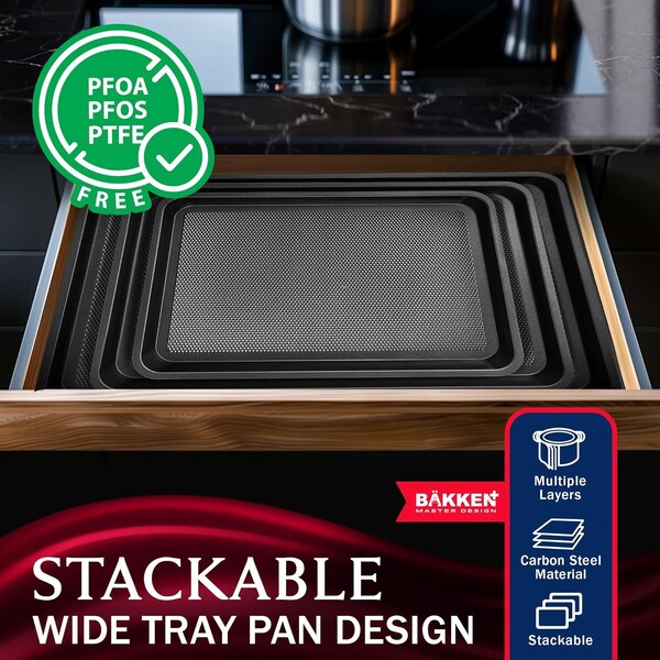 Bakken- Swiss BAKKEN Kitchen Nonstick Cookie Pans, Set of 3, S/M/L, PFOA-Free, Oven Safe, 450 DegF, Gray - BKDD3P33