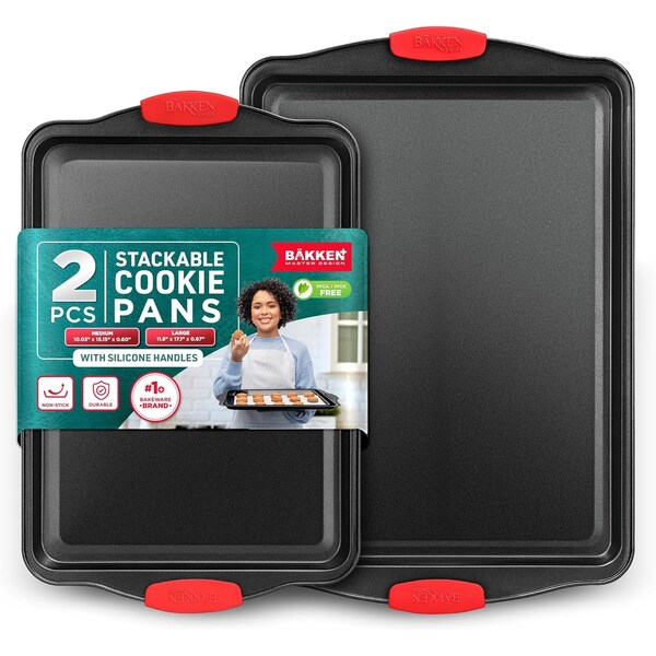 Bakken- Swiss BAKKEN 2-Piece Nonstick Cookie Sheet Set, Medium and Large, Red Silicone Handles, Oven Safe - BKB22MSPS22