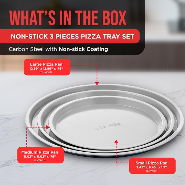 Bakken-Swiss BAKKENMASTER 3-Piece Swiss Pizza Tray Set, Non-Stick Ceramic Coating, Dishwasher Safe Bakeware - BKPIZ3P77