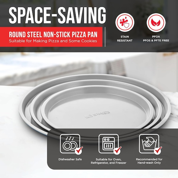 Bakken-Swiss BAKKENMASTER 3-Piece Swiss Pizza Tray Set, Non-Stick Ceramic Coating, Dishwasher Safe Bakeware - BKPIZ3P77