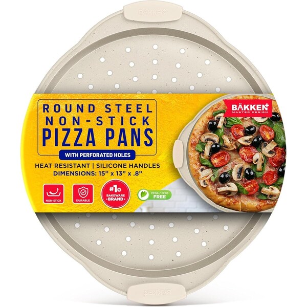 Bakken- Swiss BAKKEN Pizza Pan, Round Perforated, Nonstick Marble Coating, Dishwasher Safe, White - BAKPIZWHT24