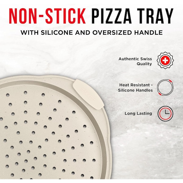 Bakken- Swiss BAKKEN Pizza Pan, Round Perforated, Nonstick Marble Coating, Dishwasher Safe, White - BAKPIZWHT24