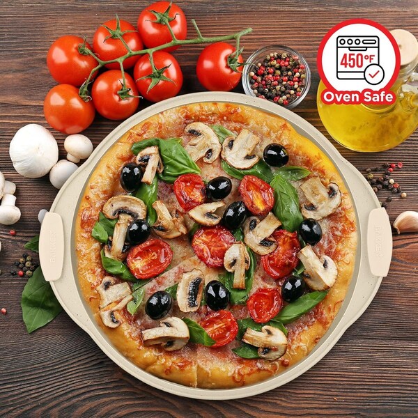 Bakken- Swiss BAKKEN Pizza Pan, Round Perforated, Nonstick Marble Coating, Dishwasher Safe, White - BAKPIZWHT24