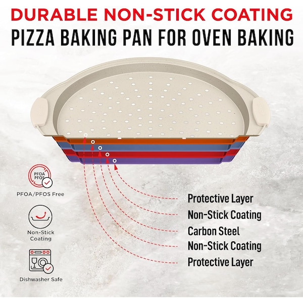 Bakken- Swiss BAKKEN Pizza Pan, Round Perforated, Nonstick Marble Coating, Dishwasher Safe, White - BAKPIZWHT24