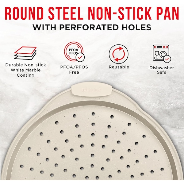 Bakken- Swiss BAKKEN Pizza Pan, Round Perforated, Nonstick Marble Coating, Dishwasher Safe, White - BAKPIZWHT24