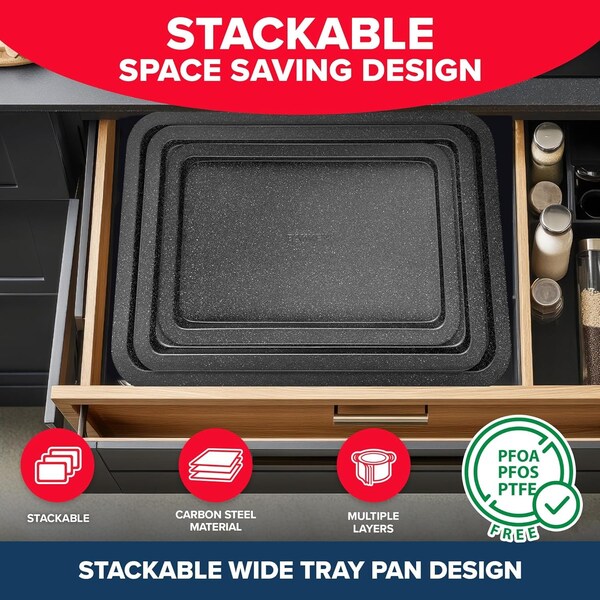 Bakken- Swiss BAKKEN 3-Piece Nonstick Cookie Pan Set, Stackable, Carbon Steel, Oven Safe, 450 DegF, Gray - BAKBKGRY33