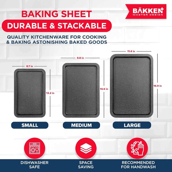 Bakken- Swiss BAKKEN 3-Piece Nonstick Cookie Pan Set, Stackable, Carbon Steel, Oven Safe, 450 DegF, Gray - BAKBKGRY33