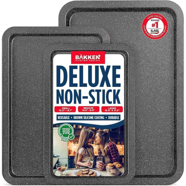 Bakken- Swiss BAKKEN 3-Piece Nonstick Cookie Pan Set, Stackable, Carbon Steel, Oven Safe, 450 DegF, Gray - BAKBKGRY33