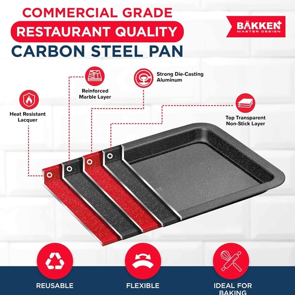 Bakken- Swiss BAKKEN 3-Piece Nonstick Cookie Pan Set, Stackable, Carbon Steel, Oven Safe, 450 DegF, Gray - BAKBKGRY33