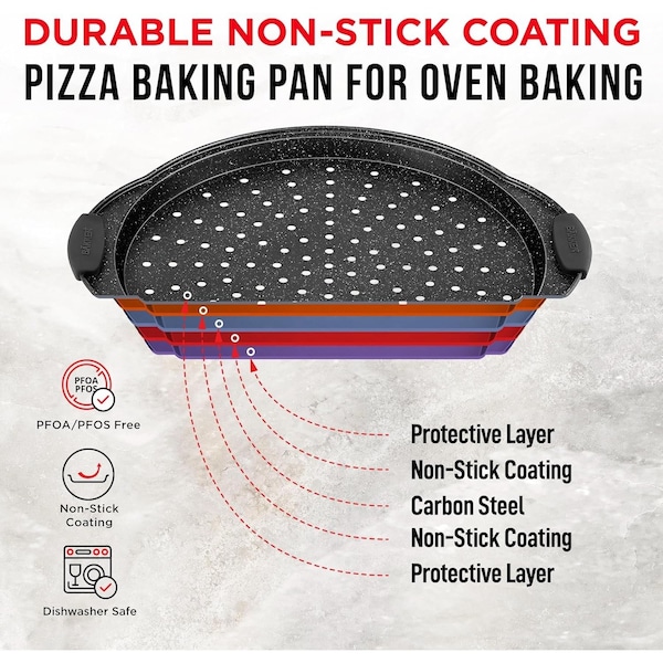 Bakken- Swiss BAKKEN Pizza Pan, Round Perforated, Nonstick Marble Coating, Dishwasher Safe, Gray - BAKPIZSHGMB43