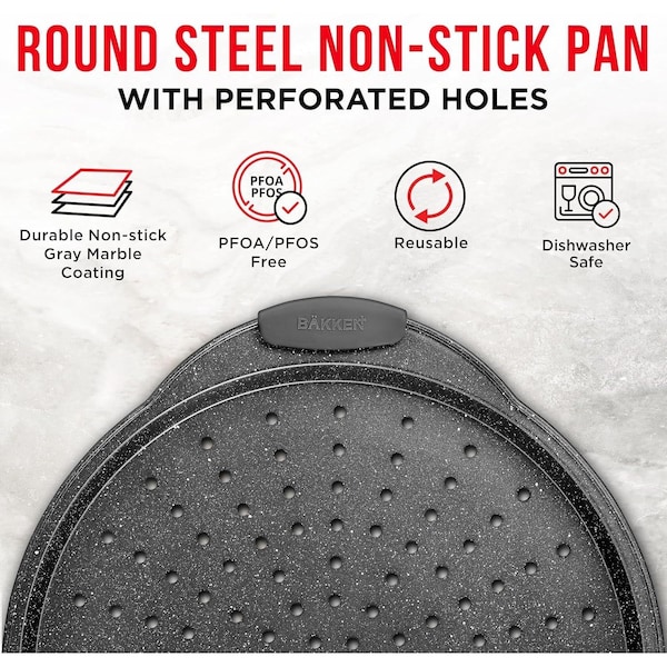 Bakken- Swiss BAKKEN Pizza Pan, Round Perforated, Nonstick Marble Coating, Dishwasher Safe, Gray - BAKPIZSHGMB43