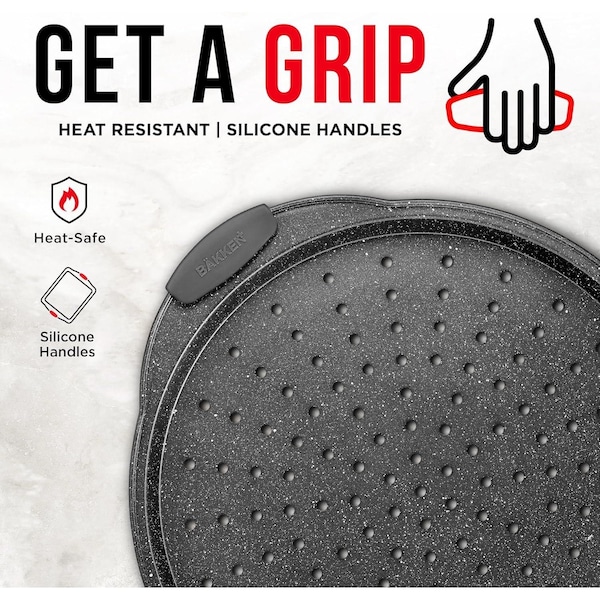 Bakken- Swiss BAKKEN Pizza Pan, Round Perforated, Nonstick Marble Coating, Dishwasher Safe, Gray - BAKPIZSHGMB43