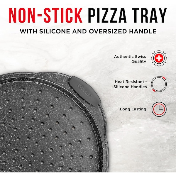 Bakken- Swiss BAKKEN Pizza Pan, Round Perforated, Nonstick Marble Coating, Dishwasher Safe, Gray - BAKPIZSHGMB43