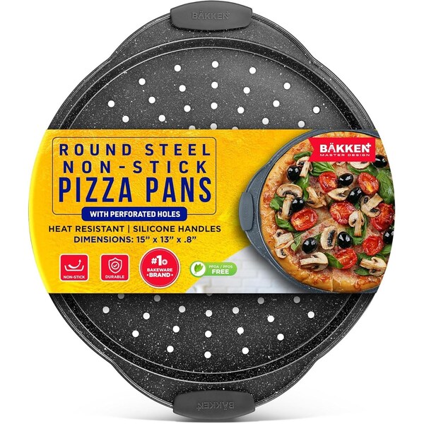 Bakken- Swiss BAKKEN Pizza Pan, Round Perforated, Nonstick Marble Coating, Dishwasher Safe, Gray - BAKPIZSHGMB43