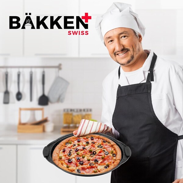 Bakken- Swiss BAKKEN Pizza Pan, Round Perforated, Nonstick Marble Coating, Dishwasher Safe, Gray - BAKPIZSHGMB43