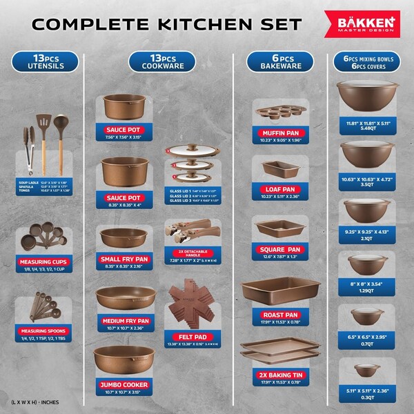 Bakkenmaster Bakken Master 38 Piece Granite Cookware and Bakeware Set, Nonstick Granite Coating - BKCWSTK38BRN