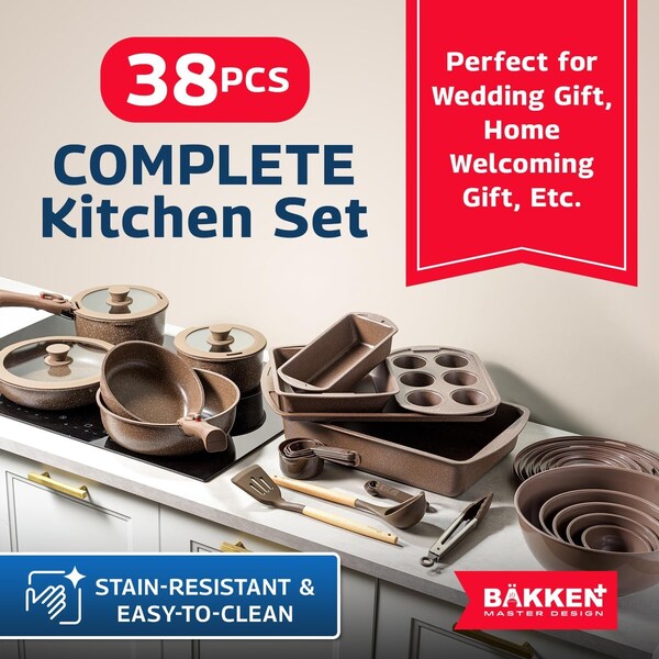Bakkenmaster Bakken Master 38 Piece Granite Cookware and Bakeware Set, Nonstick Granite Coating - BKCWSTK38BRN
