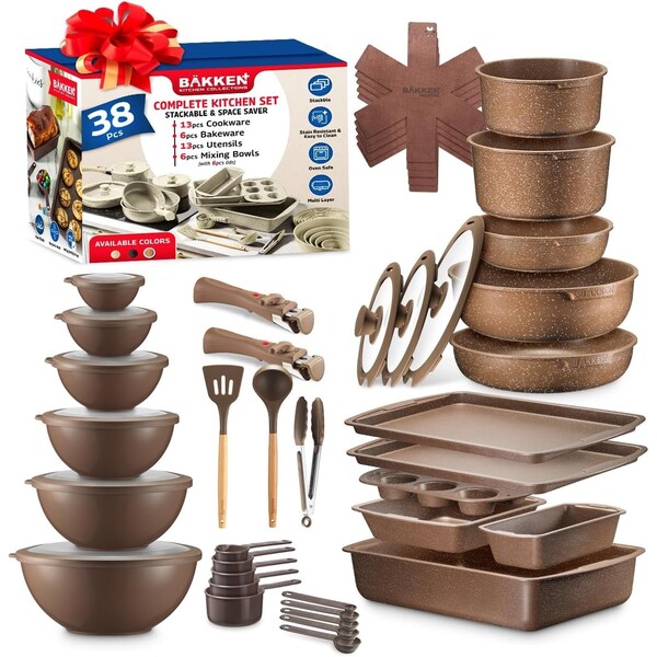 Bakkenmaster Bakken Master 38 Piece Granite Cookware and Bakeware Set, Nonstick Granite Coating - BKCWSTK38BRN