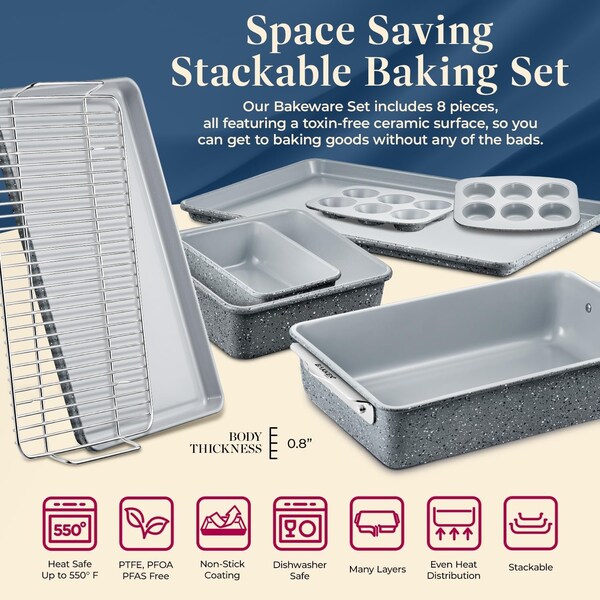 Bakken-Swiss Bakken 8-Piece Stackable Bakeware Set, Ceramic Non-Stick, PTFE, PFOA and PFOS Free, Oven-Safe - BKCRSTBKMAR