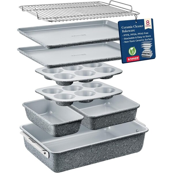 Bakken-Swiss Bakken 8-Piece Stackable Bakeware Set, Ceramic Non-Stick, PTFE, PFOA and PFOS Free, Oven-Safe - BKCRSTBKMAR