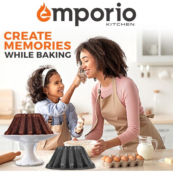 Emporio Kitchen Baking Pan Two-Layered Nonstick Gray Marble Coating Al. Fluted Cake Pans Oven Safe Up To 450 DegF - EMPKBTP138