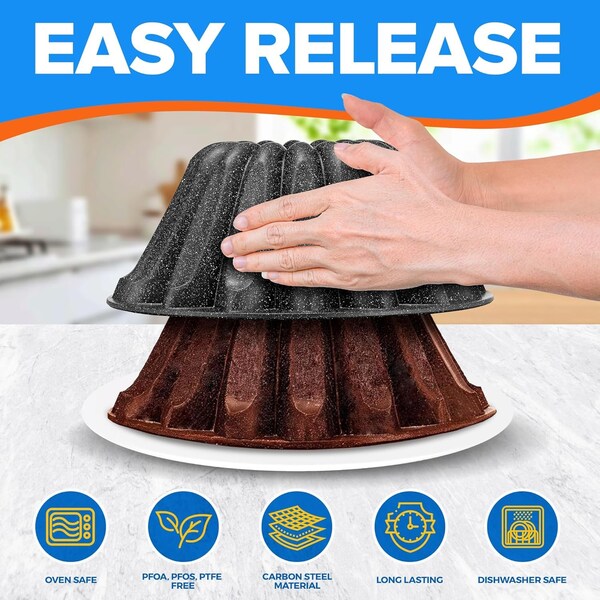 Emporio Kitchen Baking Pan Two-Layered Nonstick Gray Marble Coating Al. Fluted Cake Pans Oven Safe Up To 450 DegF - EMPKBTP138