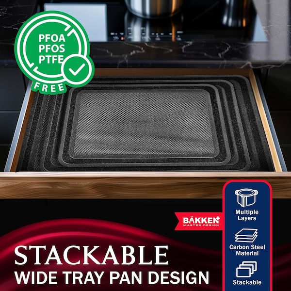 Bakken- Swiss BAKKEN Kitchen Nonstick Cookie Pans, Set of 3, S/M/L, PFOA-Free, Oven Safe, 450 DegF, Gray Marble - BKDD3P44