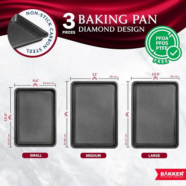Bakken- Swiss BAKKEN Kitchen Nonstick Cookie Pans, Set of 3, S/M/L, PFOA-Free, Oven Safe, 450 DegF, Gray Marble - BKDD3P44