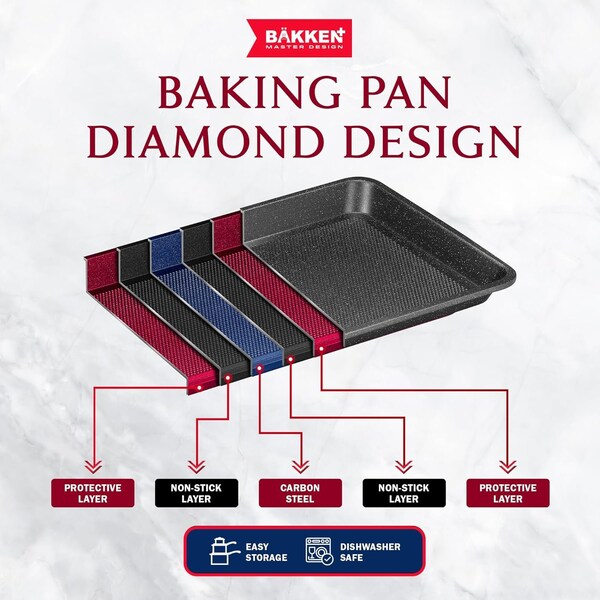 Bakken- Swiss BAKKEN Kitchen Nonstick Cookie Pans, Set of 3, S/M/L, PFOA-Free, Oven Safe, 450 DegF, Gray Marble - BKDD3P44