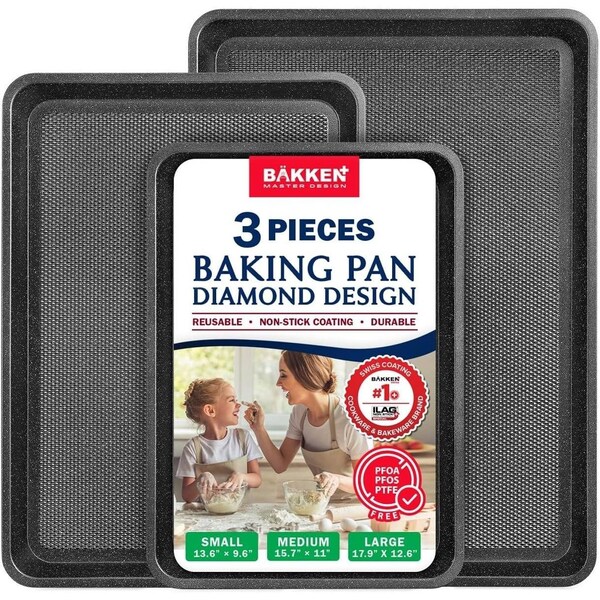 Bakken- Swiss BAKKEN Kitchen Nonstick Cookie Pans, Set of 3, S/M/L, PFOA-Free, Oven Safe, 450 DegF, Gray Marble - BKDD3P44