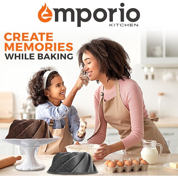 Emporio Kitchen Baking Pan Two-Layered Nonstick Gray Marble Coating Al. Fluted Cake Pans Oven Safe Up To 450 DegF - EMPKBTP127