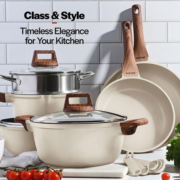 Bakken-Swiss 14-Piece Kitchen Cookware Set, Granite Non-Stick, Eco-Friendly, Oven-Safe, All Stoves - BKCAS14CRM