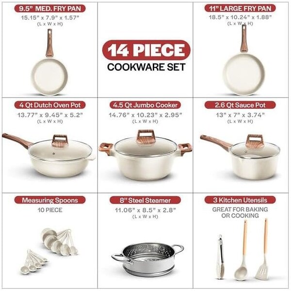 Bakken-Swiss 14-Piece Kitchen Cookware Set, Granite Non-Stick, Eco-Friendly, Oven-Safe, All Stoves - BKCAS14CRM